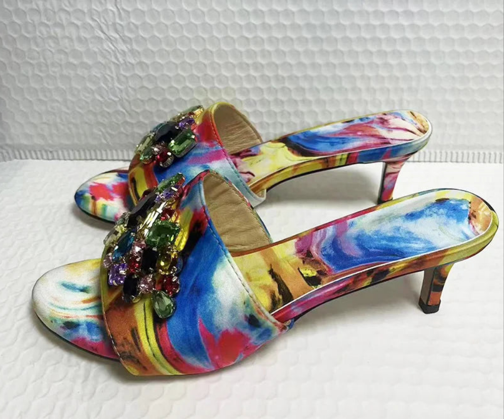 Baroque Print Rhinestone Designer Women's Open Toe Stiletto Slipper Sandals