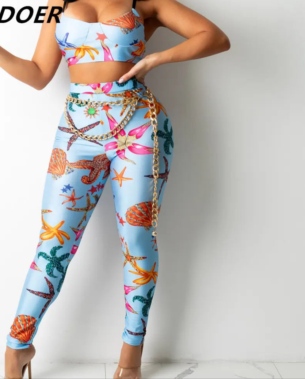 Starfish Print Crop Top + Skinny Pant 2-Piece Set