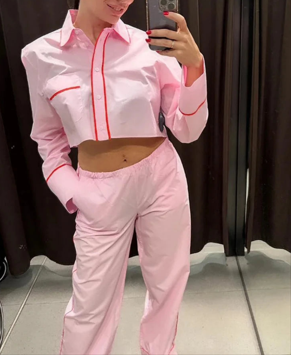 Pink Turn-Down Collar Long Sleeves Single Breasted Women's Crop Blazer Jacket + Mid-Waist Lace-Up Wide Leg Pants 2-Piece Set