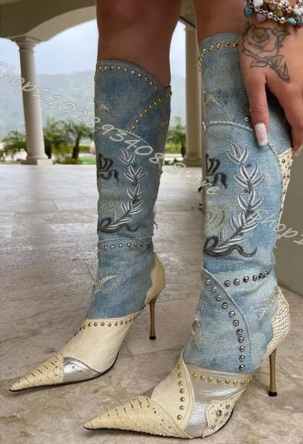 Western Rivet Patchwork Embroidered Spliced Pointed Toe Stiletto Heels Zipper Cowgirl Boots