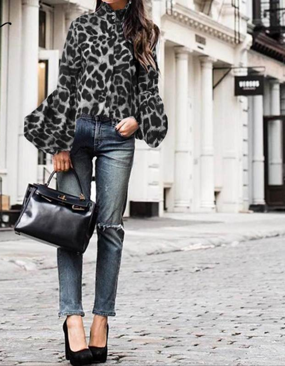 Leopard Print w/ Lantern Sleeve High Collar Ruffled Sleeve Blouse