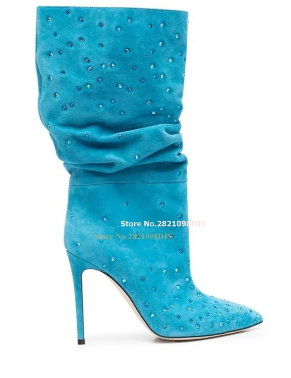 Ruched Rhinestone Embellished Solid Color Suede Crystal Thin Stiletto Heel Women's Ankle Boots