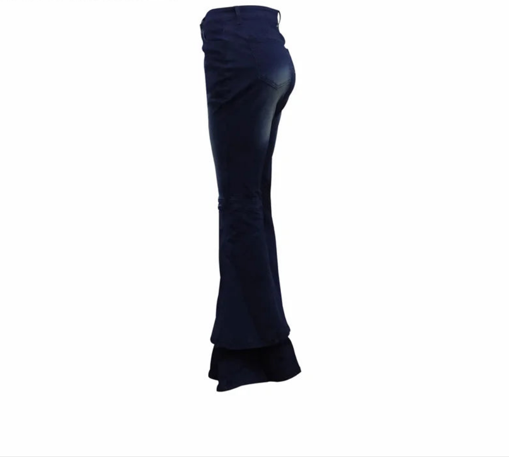 Denim Spliced Layered Flared Women's Stretch Bootcut Wide Leg Bellbottom Jeans