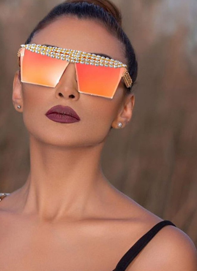 Mirror Reflective Square Diamond Net Flat Top Crystal Punk Sunglasses