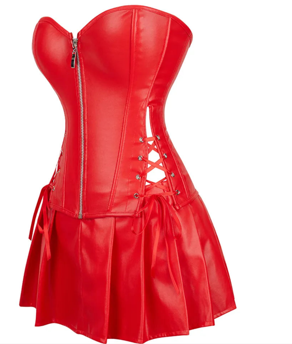 Faux Leather Zipper Front Overbust Bustier Corset Mini Dress