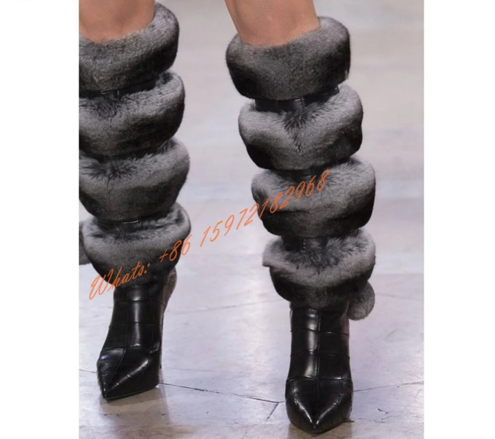 Cut-Out Women's Faux Fur Leather Pointed Toe Back Zipper Thin High Heel Knee High Runway Boots