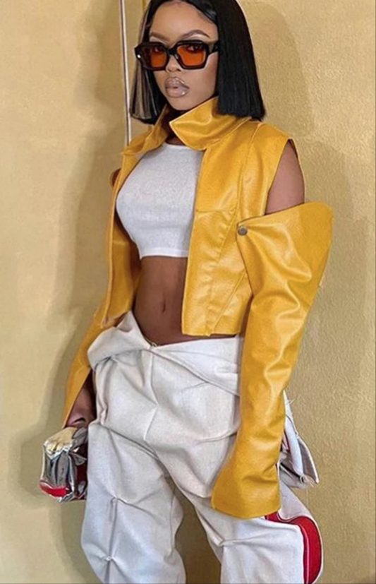 Yellow Irregular Faux Leather Women's Hollow-Out Long Sleeve Streetwear Patchwork Cropped Jacket
