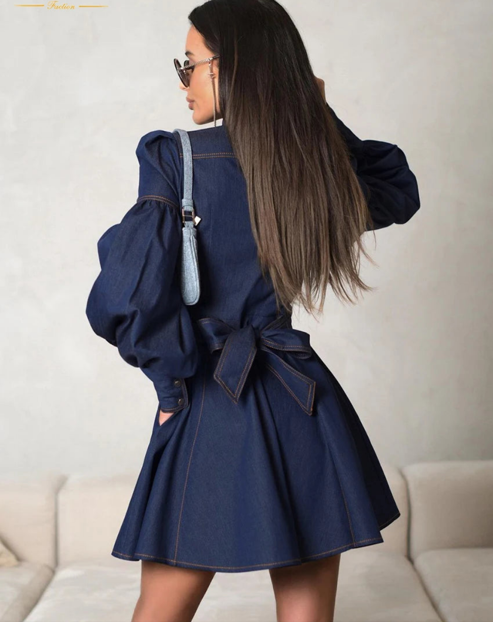Blue Denim Pleated Button-Up Stand Collar Long Puff Balloon Sleeve High Waist Mini Jean Dress