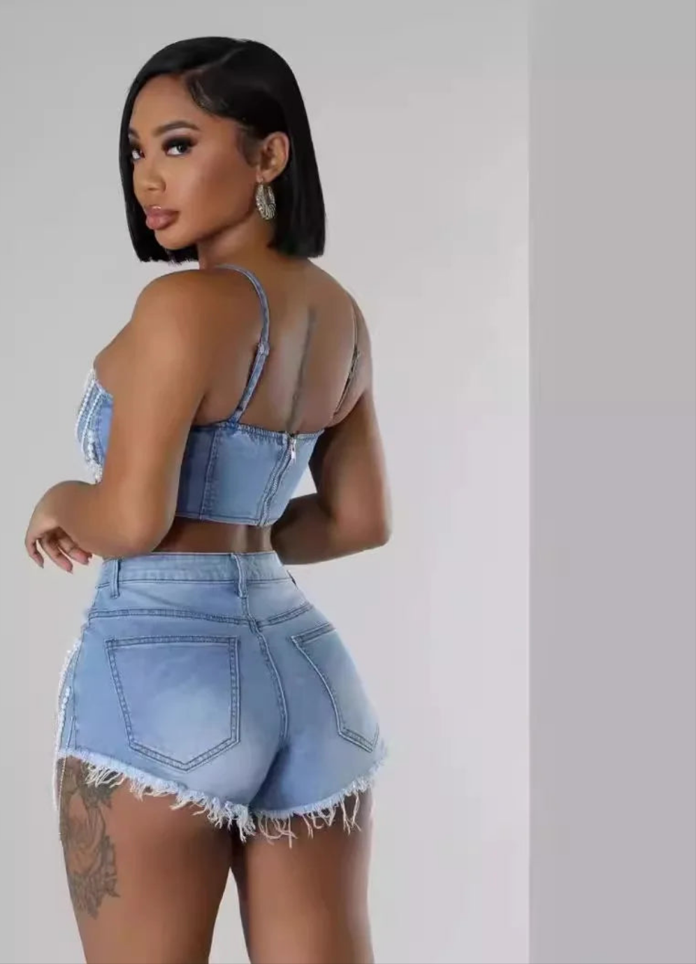 Denim Strapless Pearl Tassel Fringe Chain Design Tank Top + Mini Jean Shorts Women's 2-Piece Set