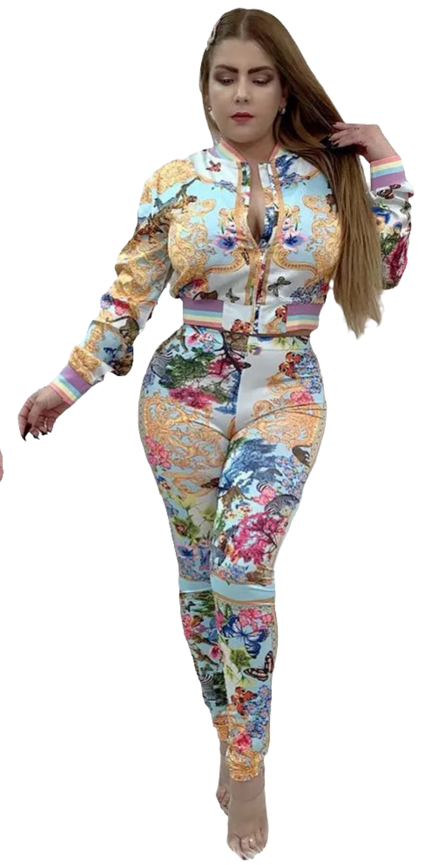 Floral Baroque Pastel Paisley Long Sleeve Blouse + Bodycon Leggings Women's 2-Piece Set