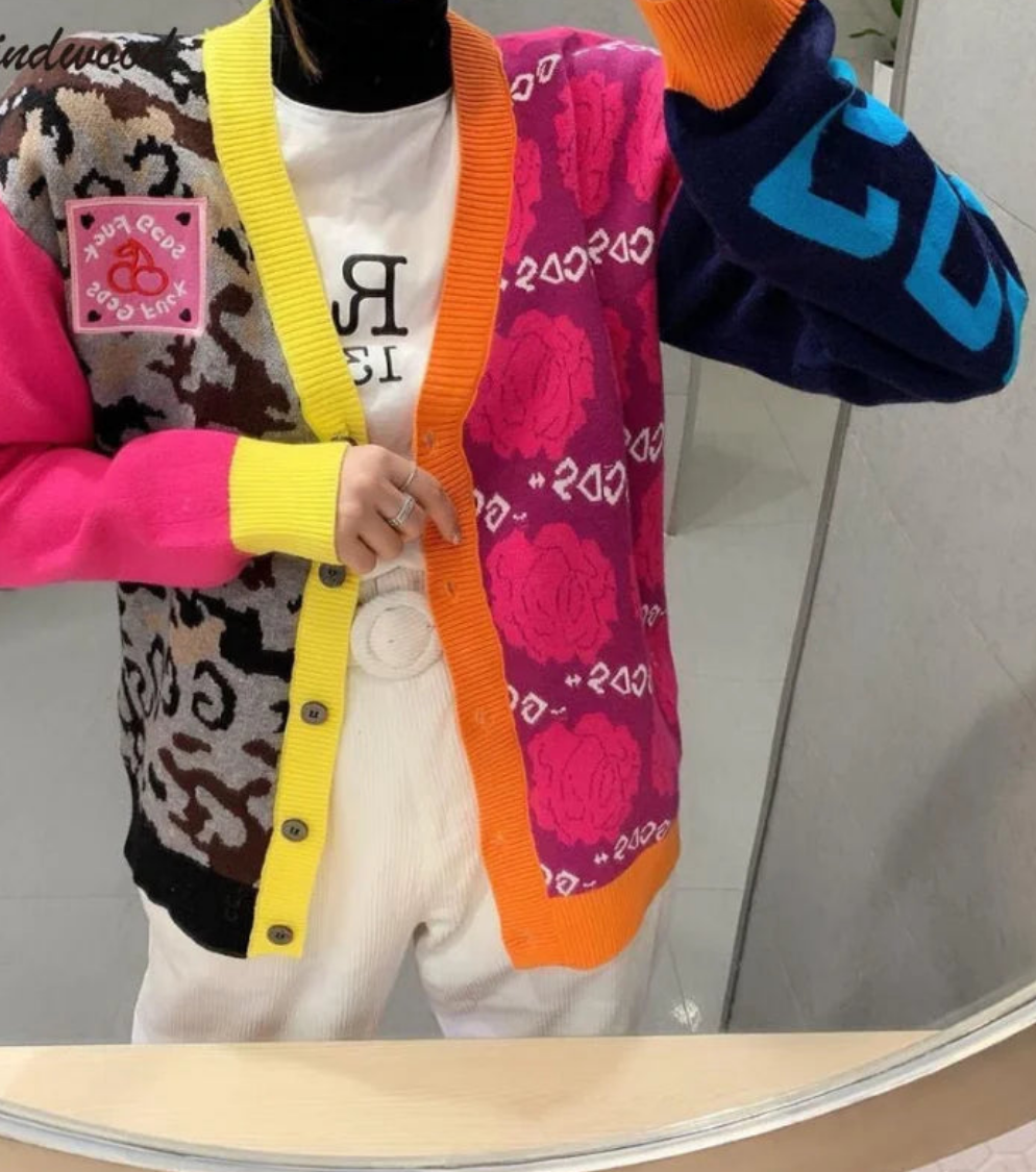 Neon Colorblock Leopard V-Neck Knitted Cardigan Sweater