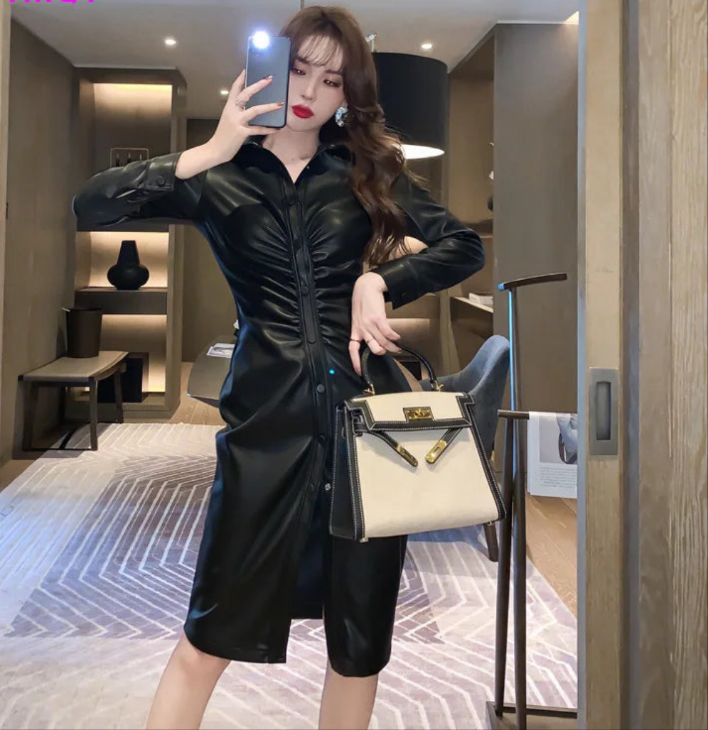 Black PU Leather European Temperament Pleated Waist Button Front Midi Shirt Dress to 4X Plus Size