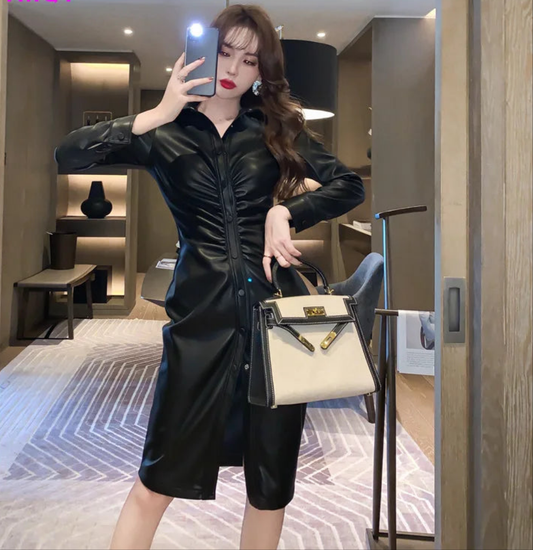 Black PU Leather European Temperament Pleated Waist Button Front Midi Shirt Dress to 4X Plus Size