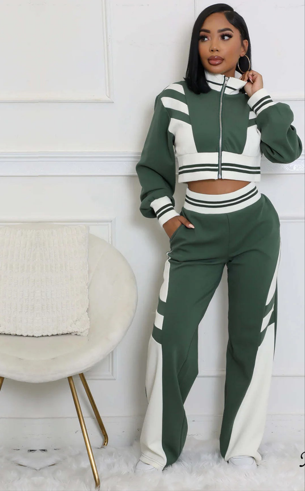 Striped Women's Colorblock Cropped Zipper Jacket + Matching Pants Tracksuit