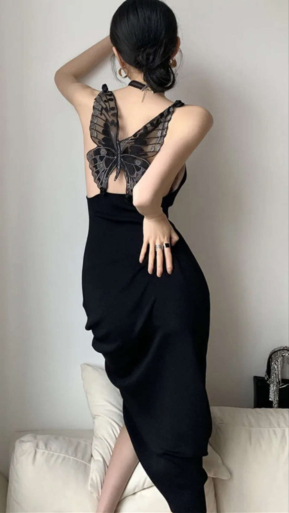 Backless Butterfly Black Gothic Spaghetti Strap Maxi Dress