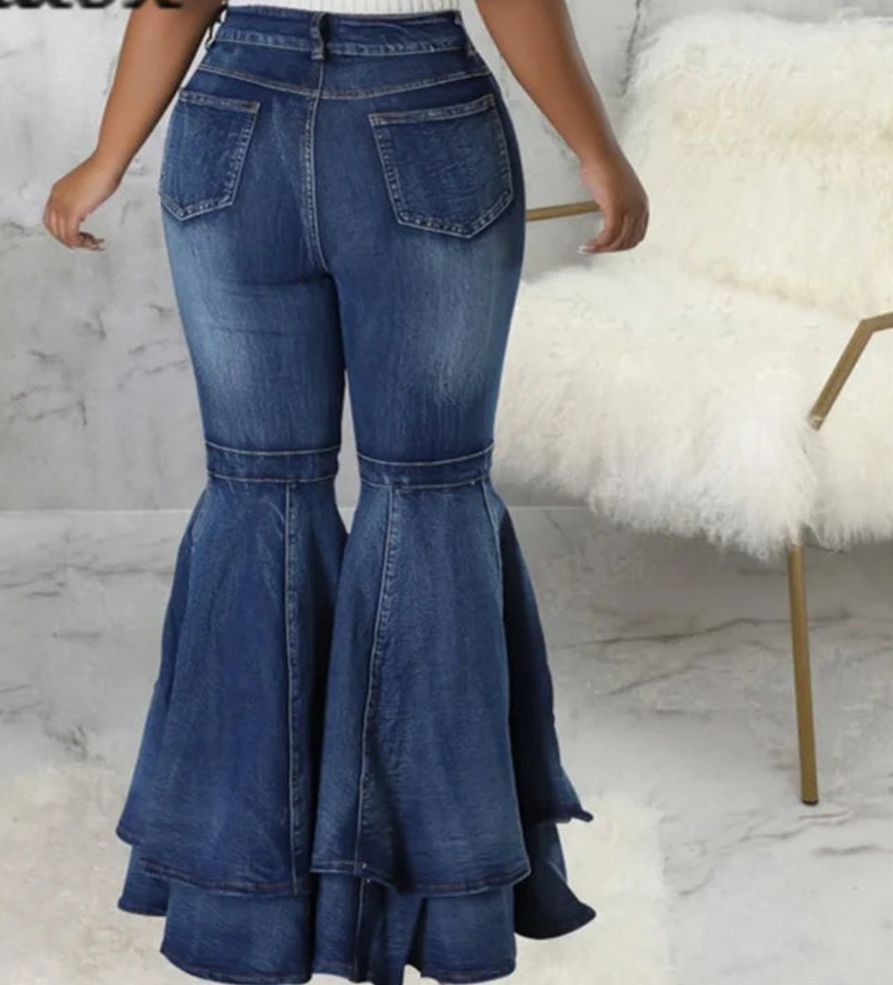 Denim Spliced Layered Flared Women's Stretch Bootcut Wide Leg Bellbottom Jeans