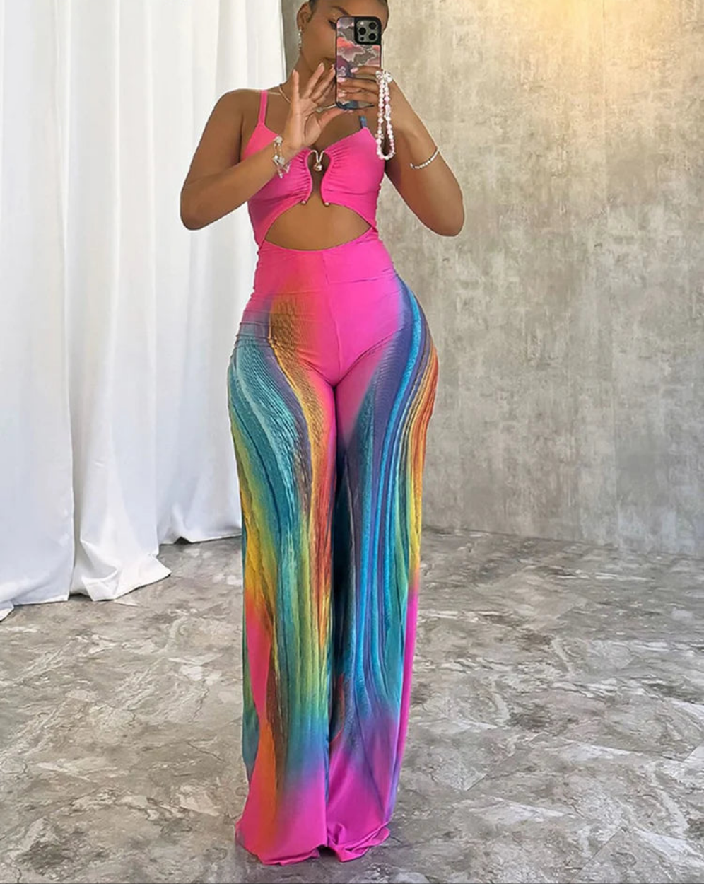 Hot Pink Colorblock Gradient Swirl Print Hollow-Out Sleeveless Jumpsuit