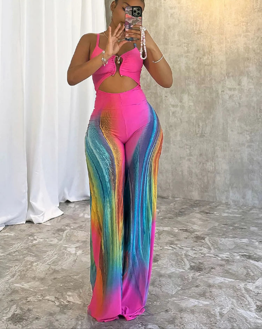 Hot Pink Colorblock Gradient Swirl Print Hollow-Out Sleeveless Jumpsuit