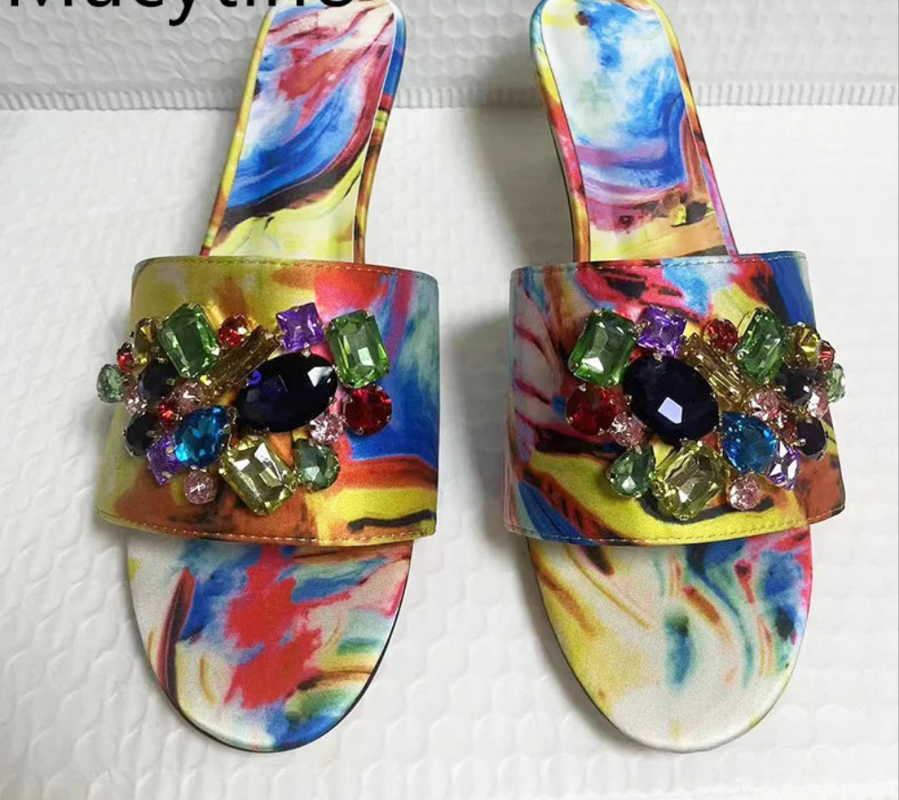Baroque Print Rhinestone Designer Women's Open Toe Stiletto Slipper Sandals