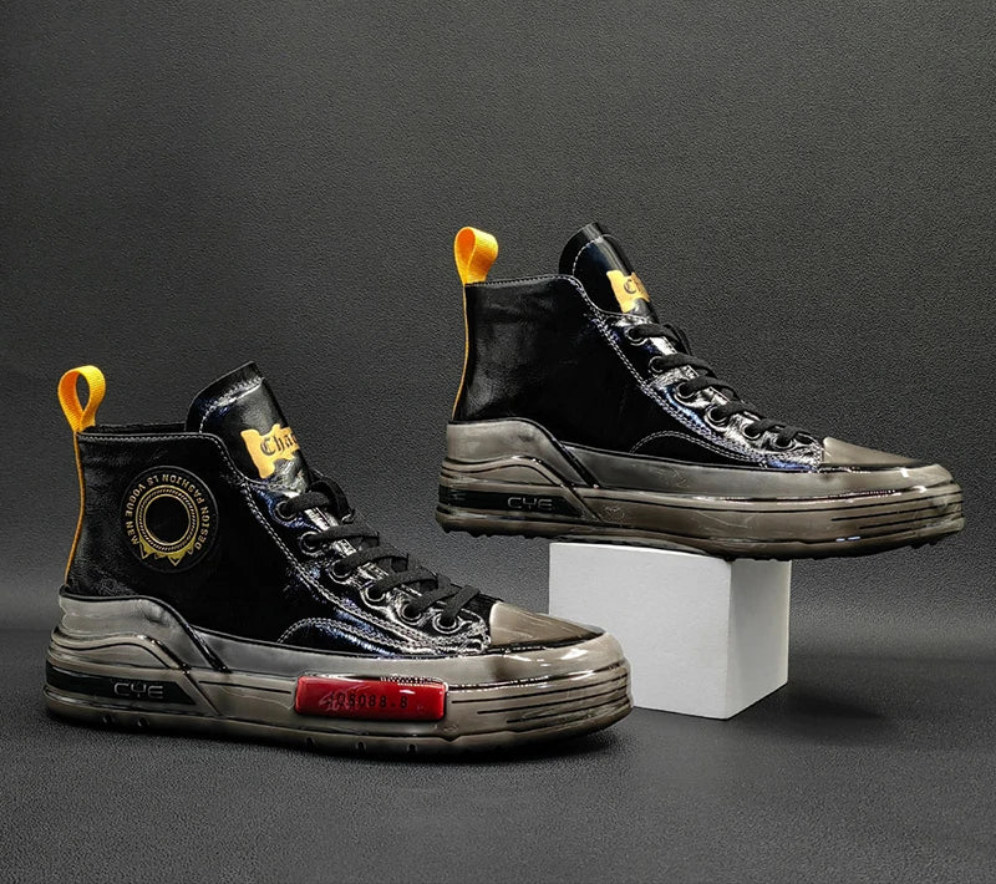 Men's Metallic Genuine Leather Rubber Sole Lace-Up Hightop Skater Sneakers