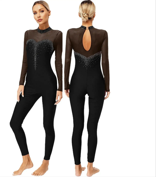 Rhinestone Women's Long Sleeve Gymnastics Leotard Performance Jumpsuit