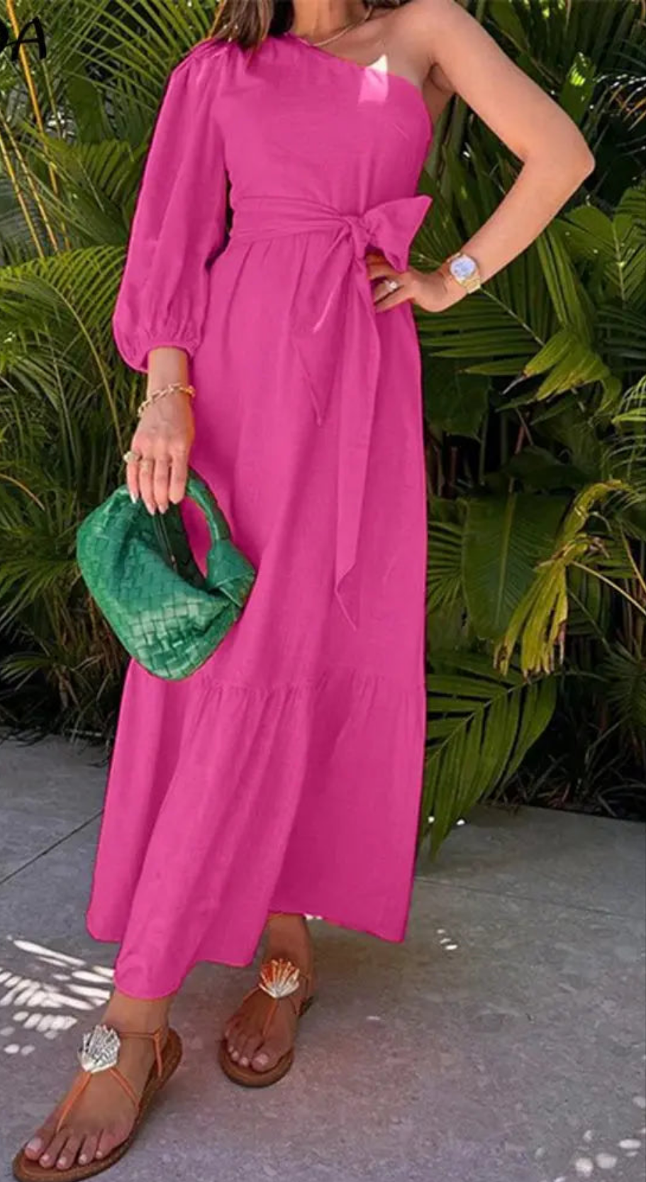 Bohemian Asymmetrical Solid Color One Shoulder Bandage 3/4 Sleeve Ruffled Maxi Dress to 5X