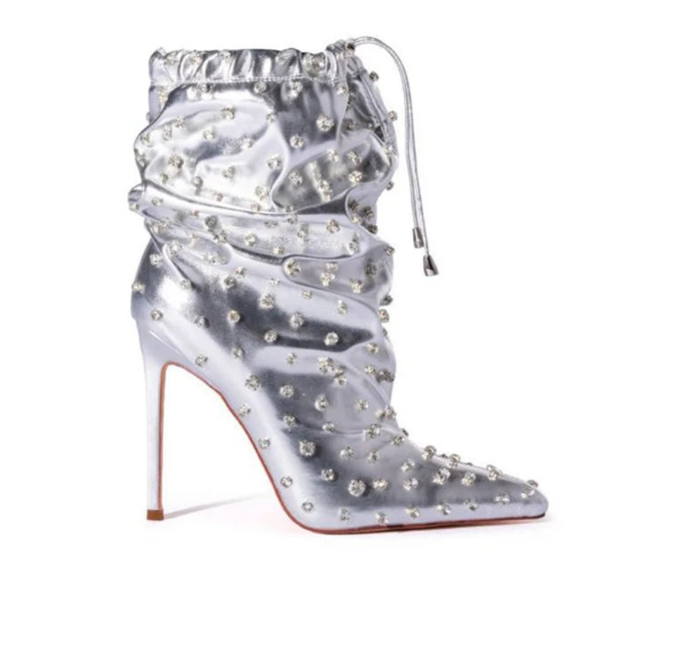 Silver Metallic Crystal Embellished Drawstring High Heel Pointed Toe Leather Women's Ankle Boots