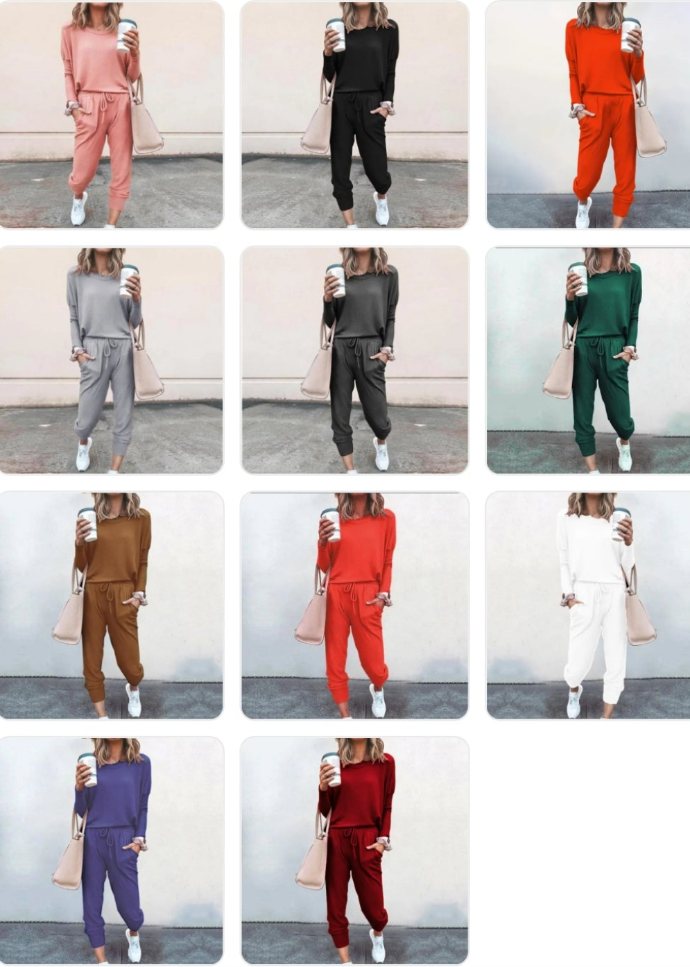 O-Neck Women's Solid Color Long Sleeve Shirt + Pants 2-Piece Set