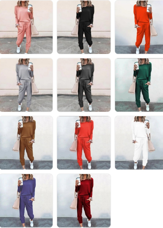 O-Neck Women's Solid Color Long Sleeve Shirt + Pants 2-Piece Set