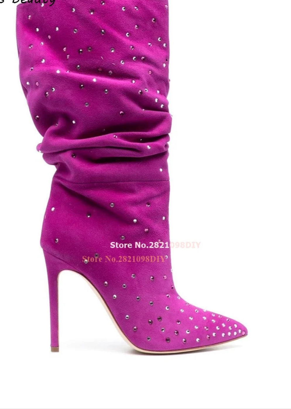 Ruched Rhinestone Embellished Solid Color Suede Crystal Thin Stiletto Heel Women's Ankle Boots