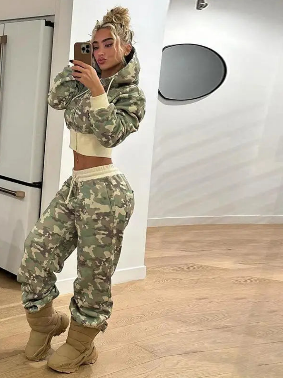 Camoflauge Print Drawstring Women's Zipper Hoodie Jacket + Skinny Elastic Waist Sweatpants Tracksuit