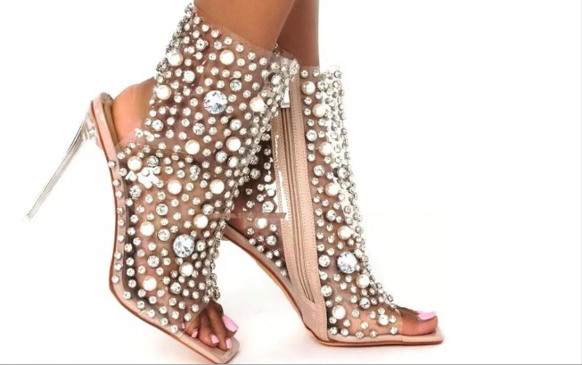 Pearl Studded PVC Peep Toe Women's High Heel Diamonds Transparent Ankle Boots