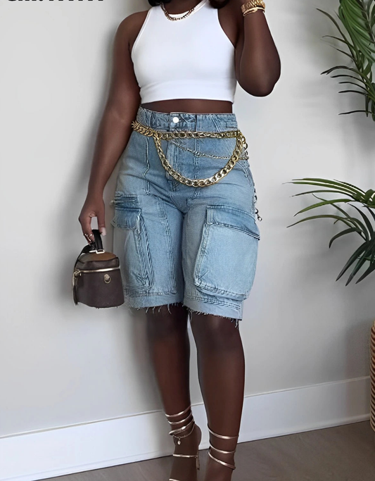 Denim Light Blue Washed Double Cargo Side Pocket Straight Knee Length Women's Jean Shorts to 3X Plus Size