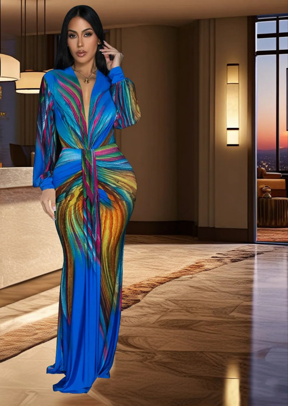 Rainbow Colorblock Gradient V-Neck Long Sleeve Maxi Ruched Maxi Dress