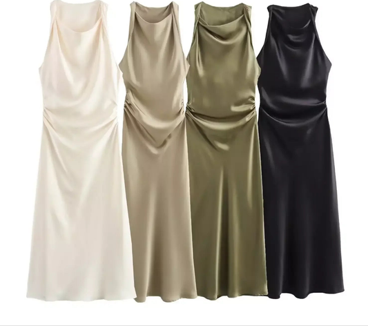 Satin Ruched Pleated Solid Color Sleeveless O-Neck Long Dress
