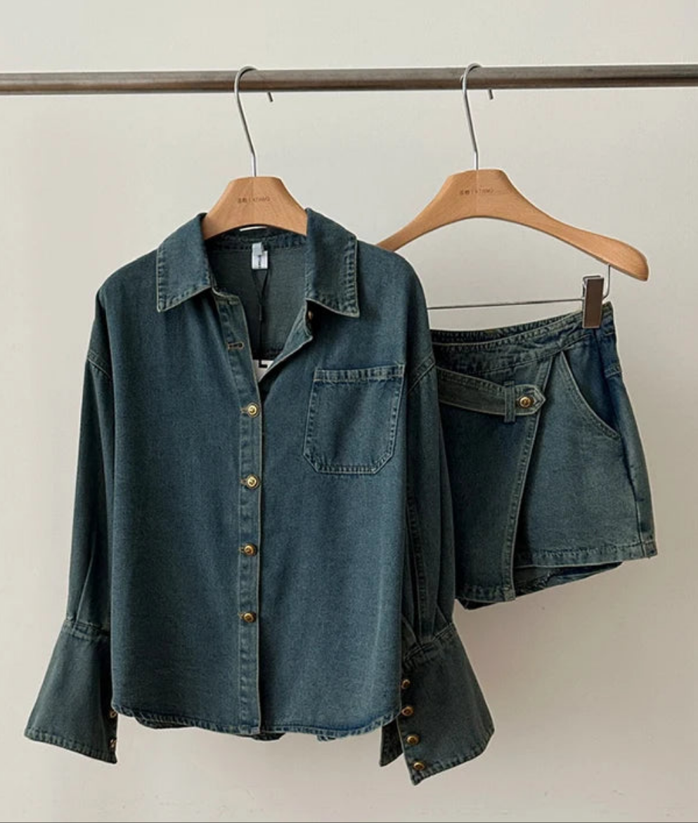 Blue Faded Aesthetic Denim Long Flared Sleeve Button-Up Jean Jacket + Mini Pleated Jean Skirt 2-Piece Set