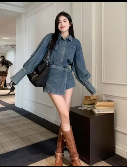 Blue Faded Aesthetic Denim Long Flared Sleeve Button-Up Jean Jacket + Mini Pleated Jean Skirt 2-Piece Set