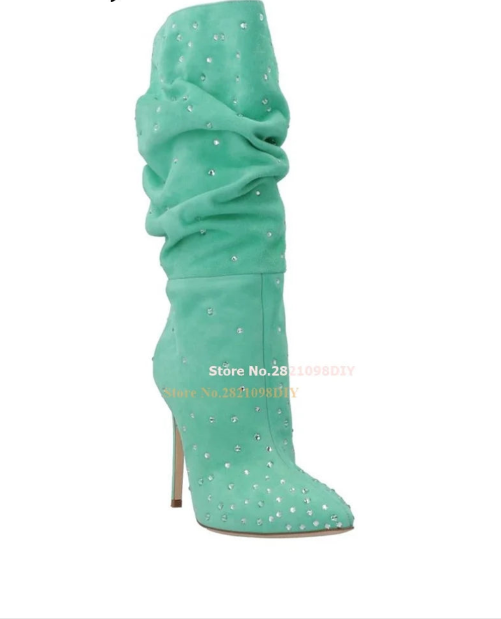 Ruched Rhinestone Embellished Solid Color Suede Crystal Thin Stiletto Heel Women's Ankle Boots