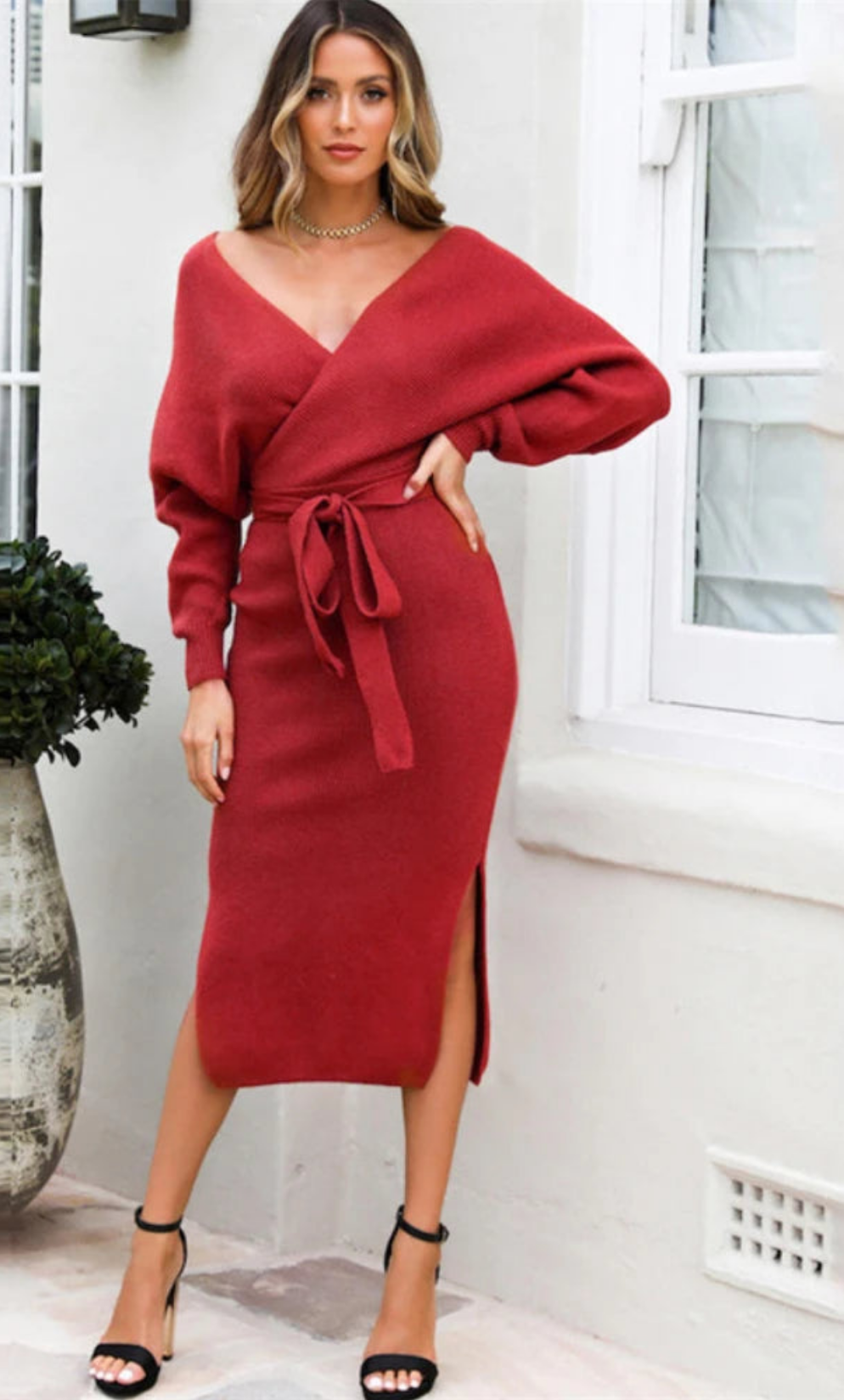 Off-the-Shoulder V-Neck Solid Long Batwing Sleeve Lace-Up High Slit Knitted Sweater Dress