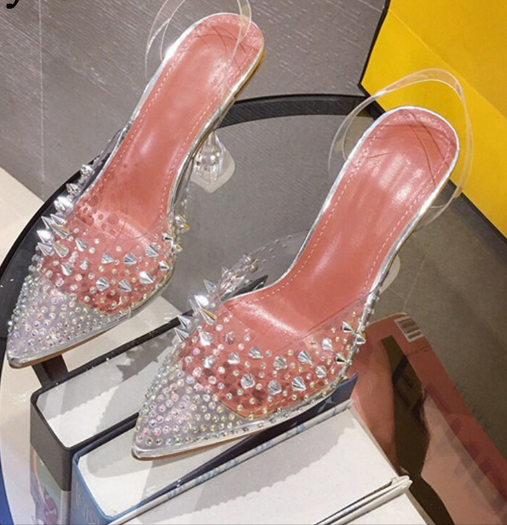 Crystal Rivet Rhinestone Stud Design Clear PVC Transparent Pointed Toe Slingback Spike Heel Pumps