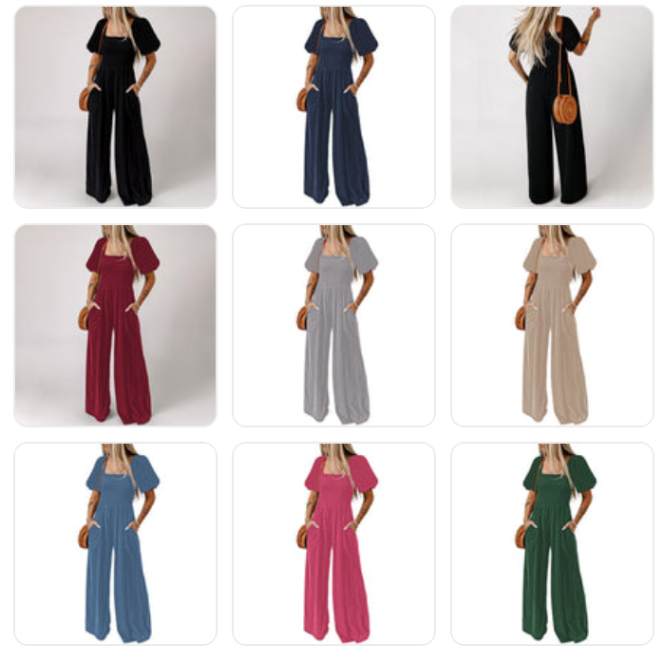 Square Collar Short Puff Sleeve Solid Color Wide Leg Jumpsuit