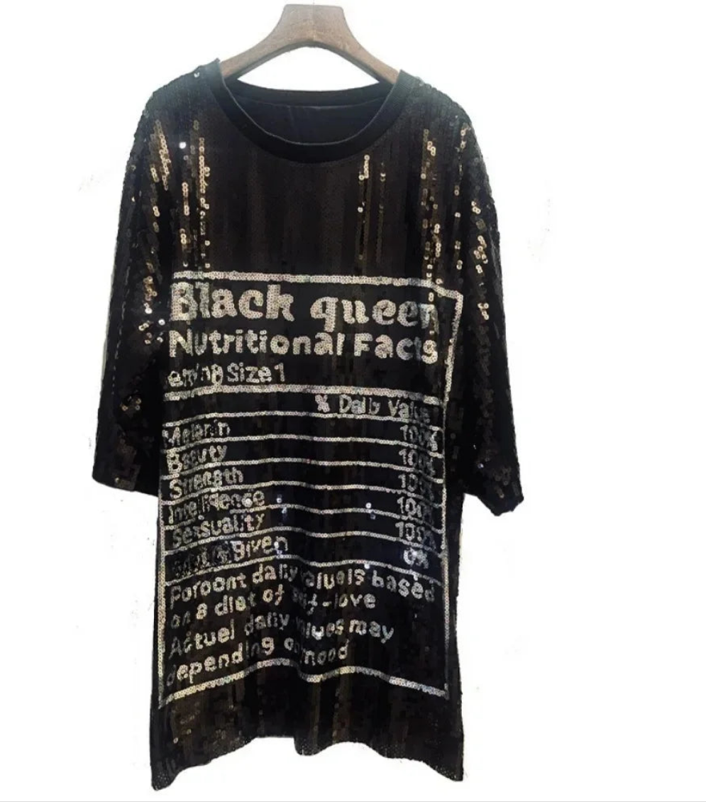 "Black Queen" Shiny Sequin Letter Print  O-Neck Short Sleeve Loose Mini T-Shirt Dress