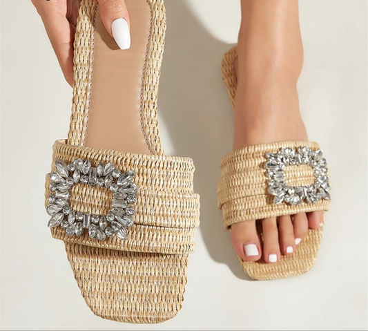 Glitter Crystal Rhinestone Pendant Women's Flat Bottom Cane Material Sandals