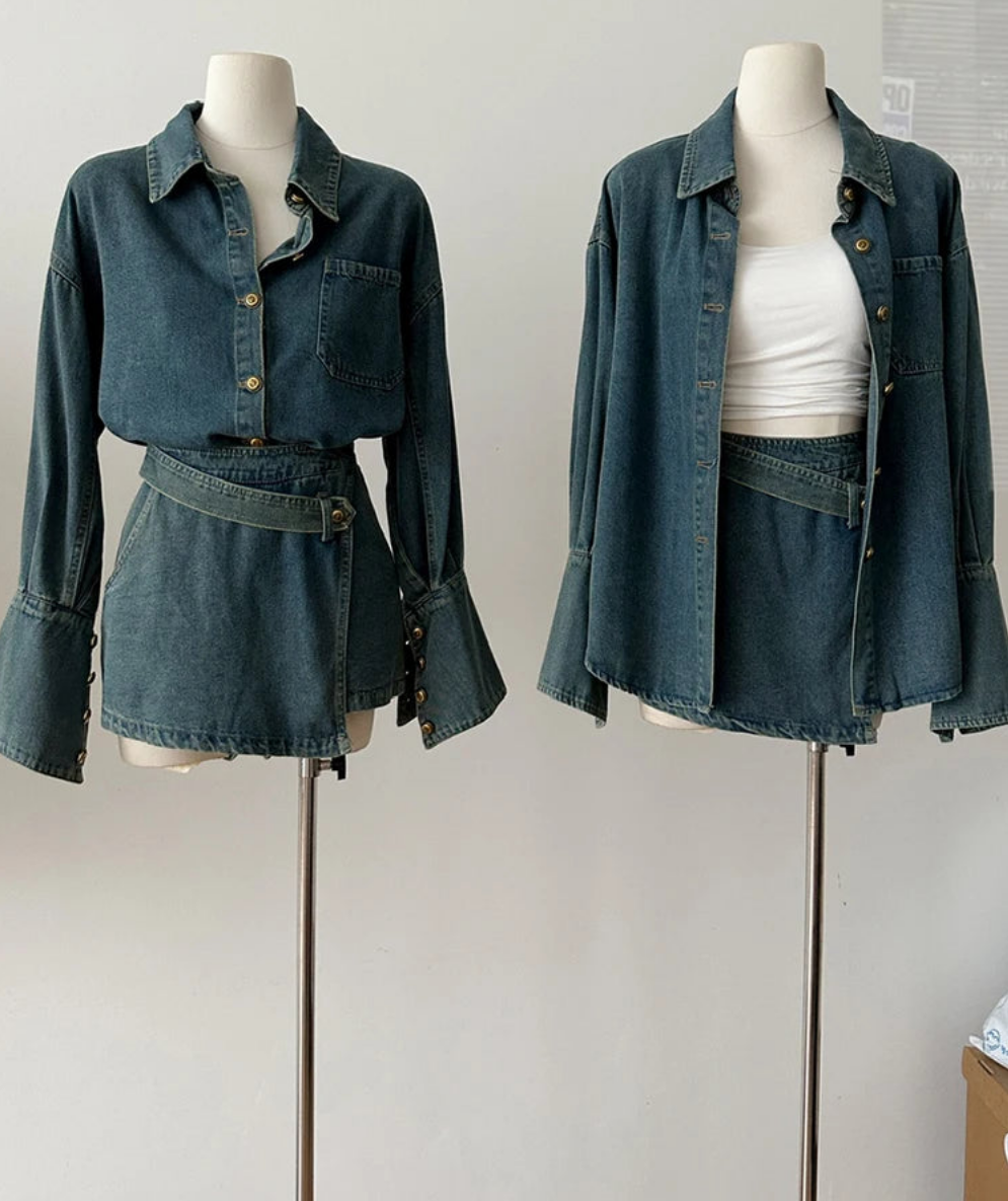 Blue Faded Aesthetic Denim Long Flared Sleeve Button-Up Jean Jacket + Mini Pleated Jean Skirt 2-Piece Set