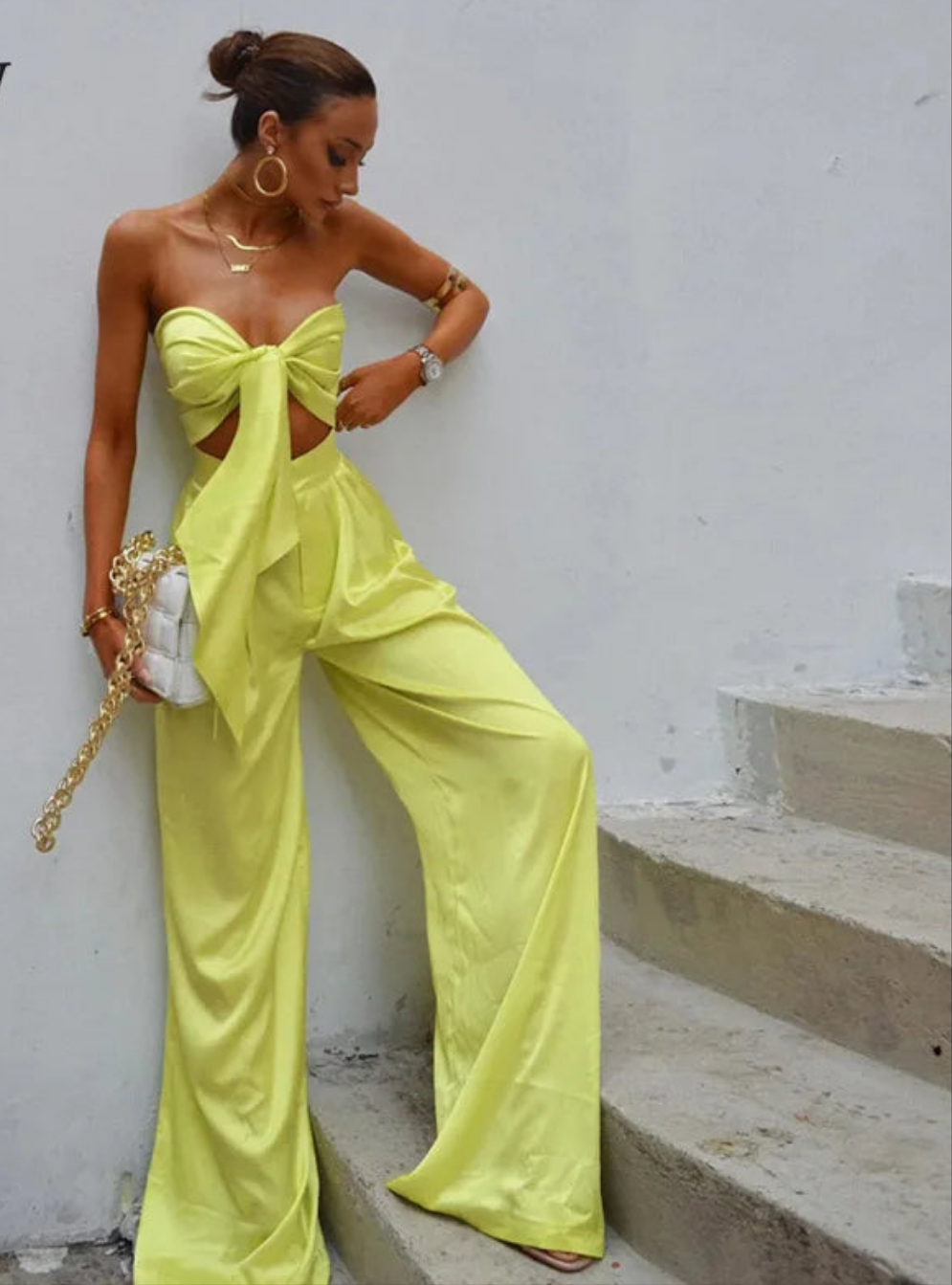Bandage Slash Neck Bowtie Detail Strapless Crop Top + Wide Leg Pants Matching 2-Piece Set