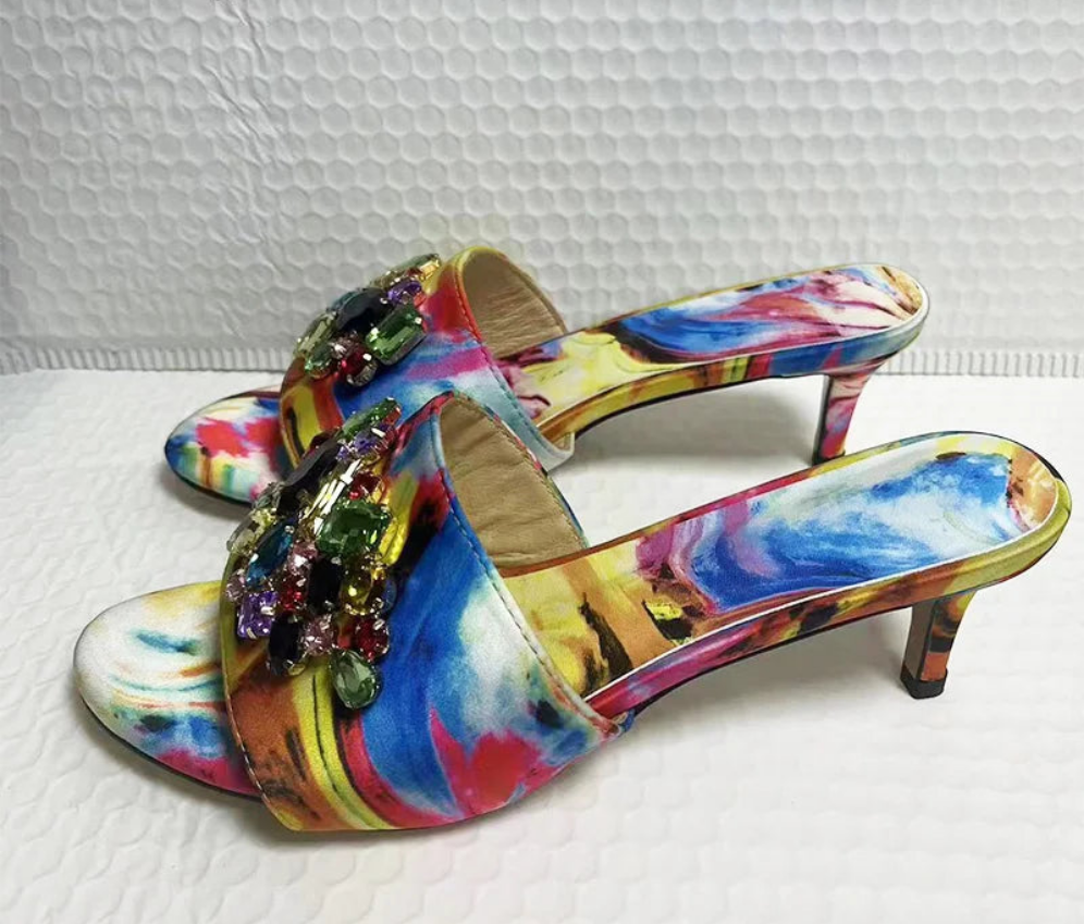 Baroque Print Rhinestone Designer Women's Open Toe Stiletto Slipper Sandals