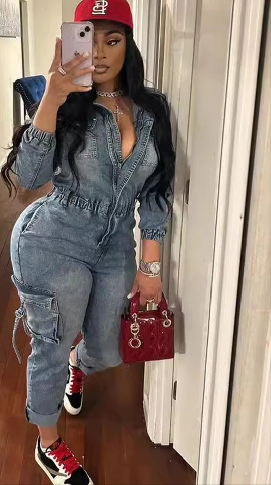 Washed Denim Streetwear Distressed Women's Pocketed Patchwork Zipper Jean Stretch Overall Cargo Jumpsuit