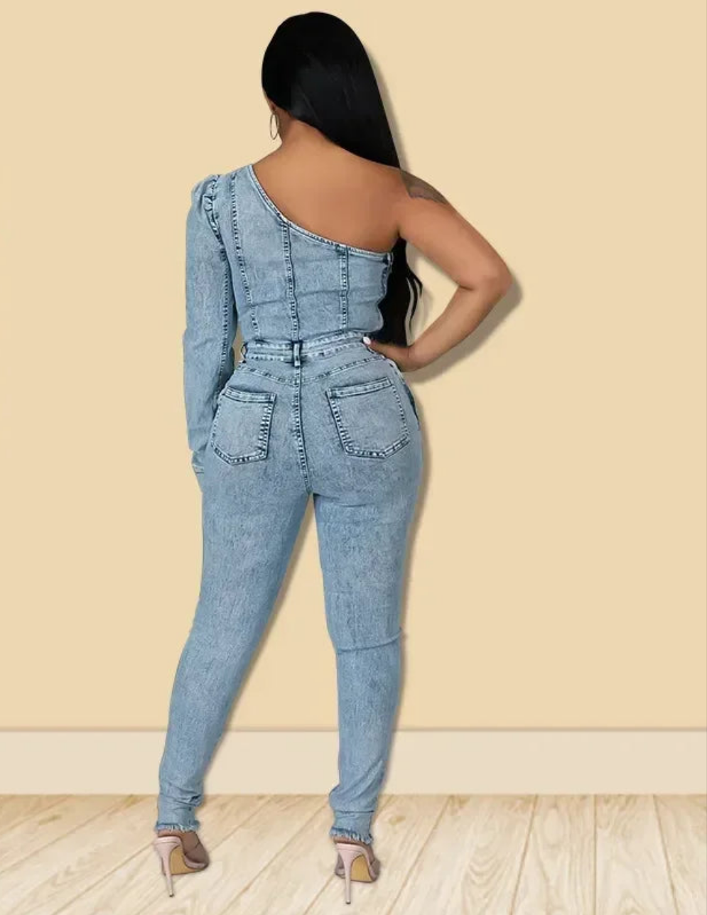 Denim Faded Blue Washed One Long-Sleeve Asymmetrical Women's Jean Jumpsuit