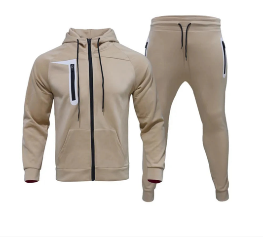 Men's Drawstring Zipper Cut-Out Hoodie Sweat Jacket + Elastic Waist Sweatpants Tracksuit