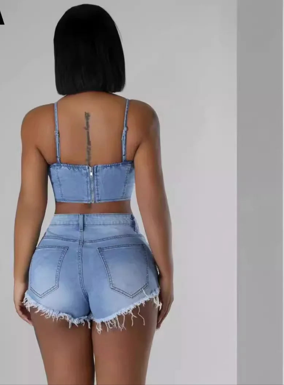 Denim Strapless Pearl Tassel Fringe Chain Design Tank Top + Mini Jean Shorts Women's 2-Piece Set